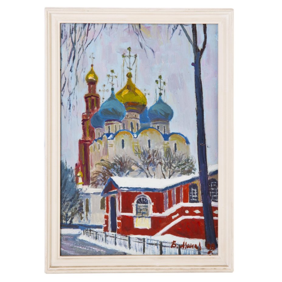 Картина "Смоленский собор Новодевичьего монастыря" в раме, художник Манаков Борис Александрович, бумага, картон, масло, Художник Манаков Борис Александрович, СССР, 1988 г.