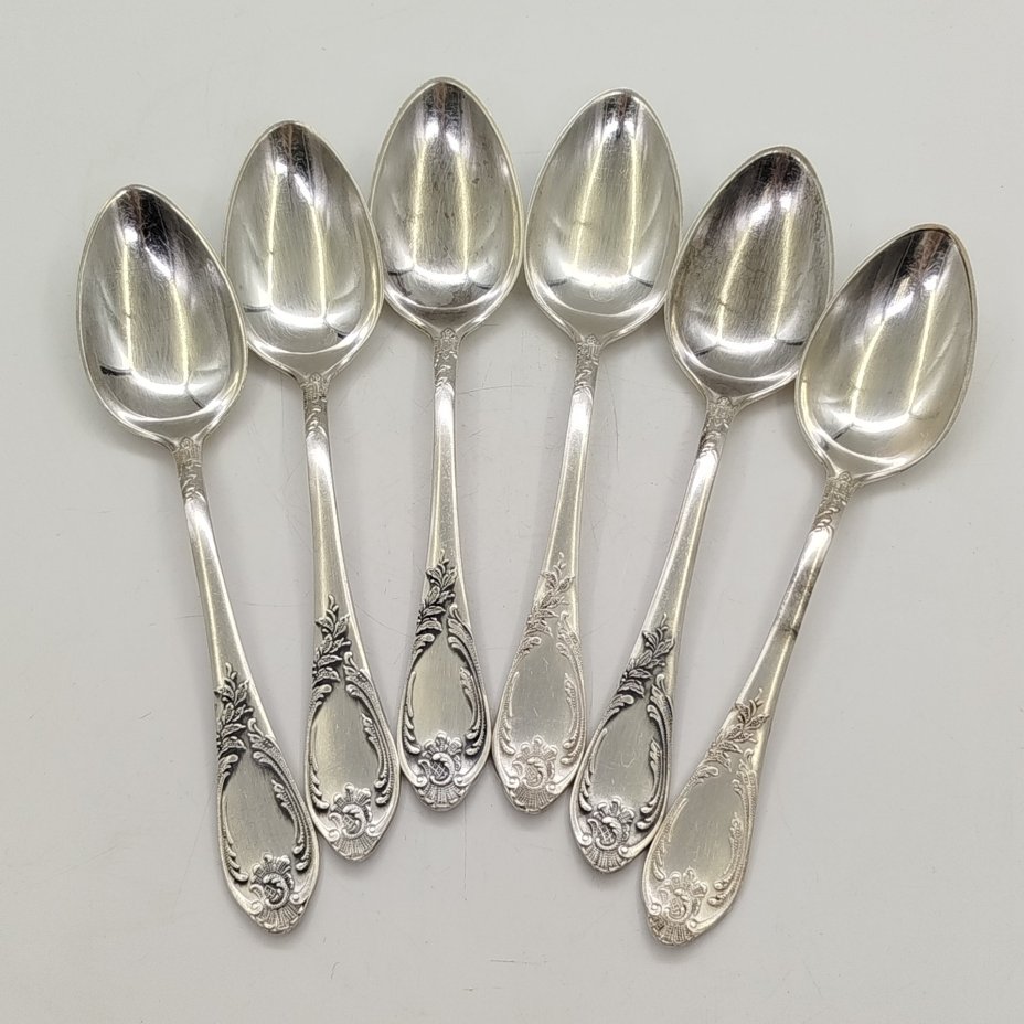 Набор из 6-ти столовых ложек с растительным декором, мНЦ (медь-никель-цинк), Вольнянский завод столовых приборов им. Шевченко (ЗiШ, ЗиШ), СССР, 1970-1990 гг.