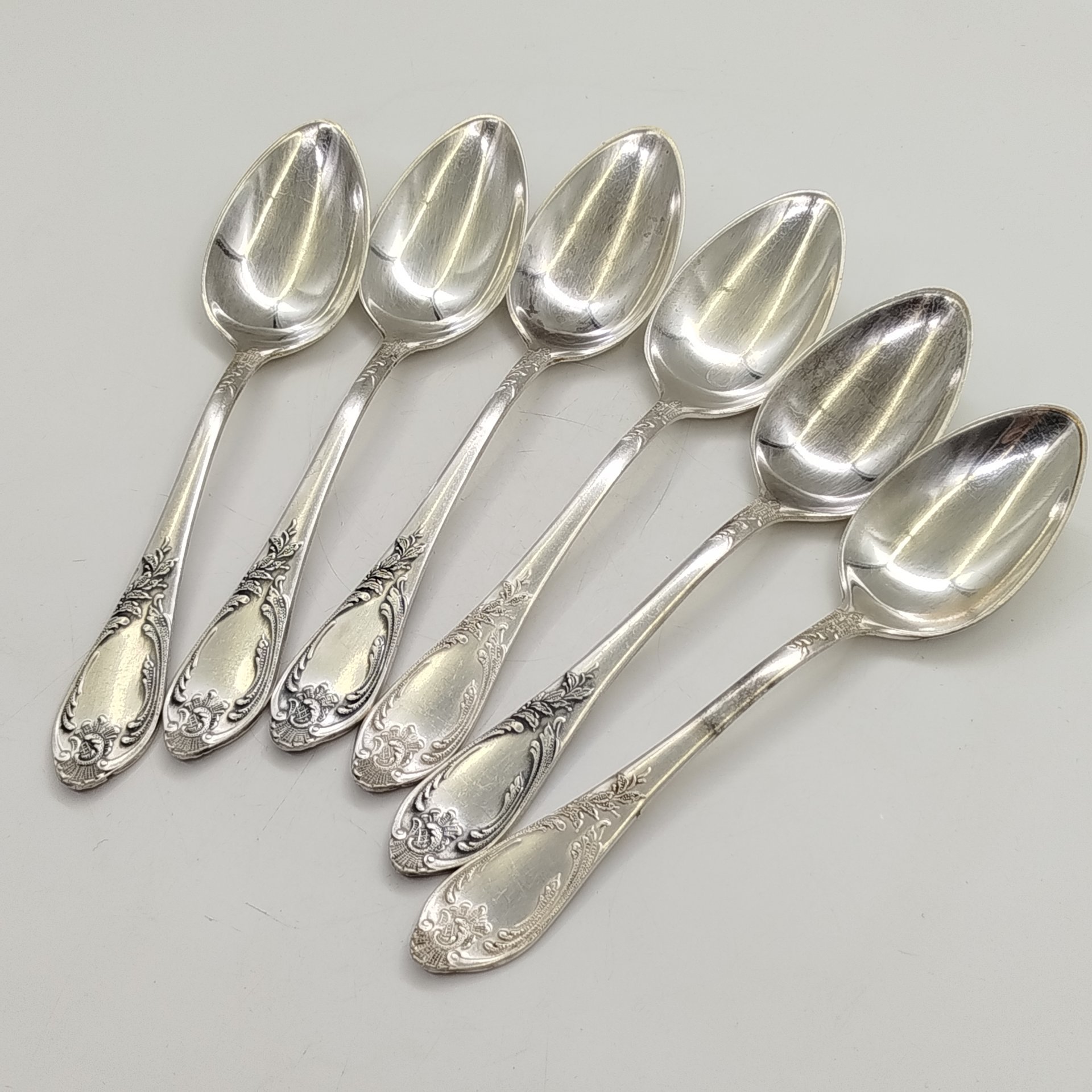 Набор из 6-ти столовых ложек с растительным декором, мНЦ (медь-никель-цинк), Вольнянский завод столовых приборов им. Шевченко (ЗiШ, ЗиШ), СССР, 1970-1990 гг.