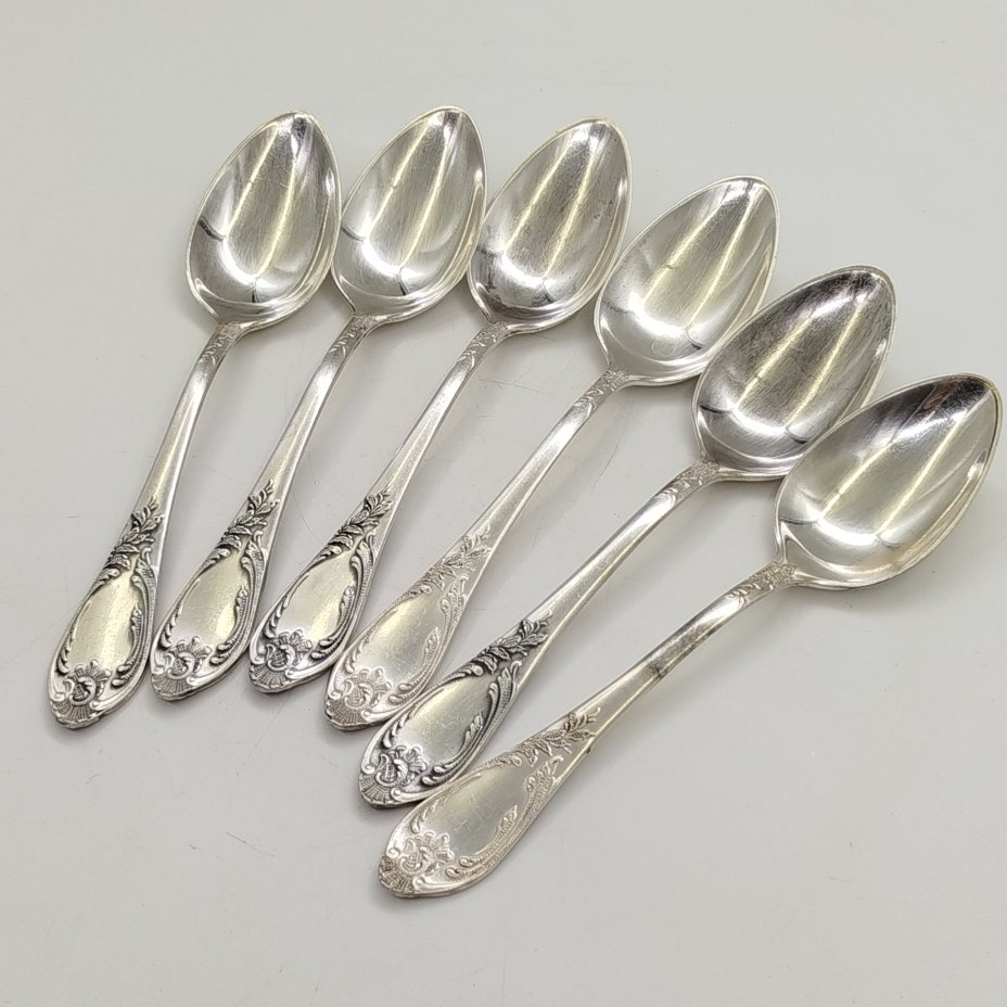 Набор из 6-ти столовых ложек с растительным декором, мНЦ (медь-никель-цинк), Вольнянский завод столовых приборов им. Шевченко (ЗiШ, ЗиШ), СССР, 1970-1990 гг.