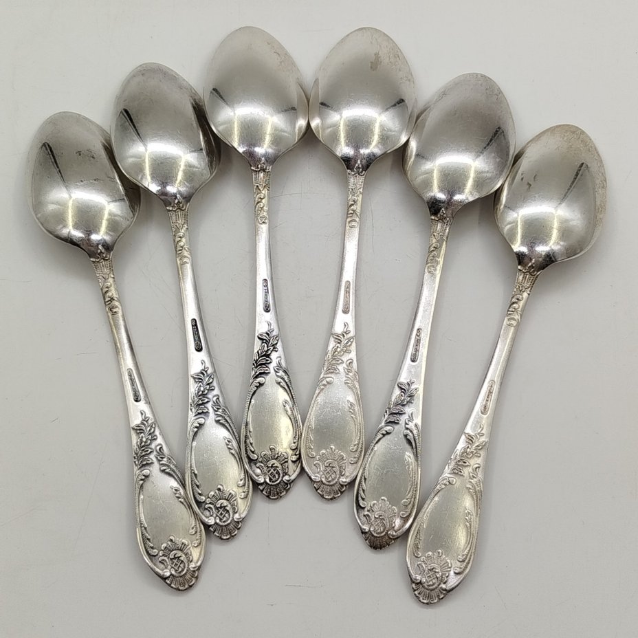 Набор из 6-ти столовых ложек с растительным декором, мНЦ (медь-никель-цинк), Вольнянский завод столовых приборов им. Шевченко (ЗiШ, ЗиШ), СССР, 1970-1990 гг.