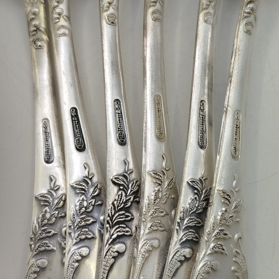 Набор из 6-ти столовых ложек с растительным декором, мНЦ (медь-никель-цинк), Вольнянский завод столовых приборов им. Шевченко (ЗiШ, ЗиШ), СССР, 1970-1990 гг.