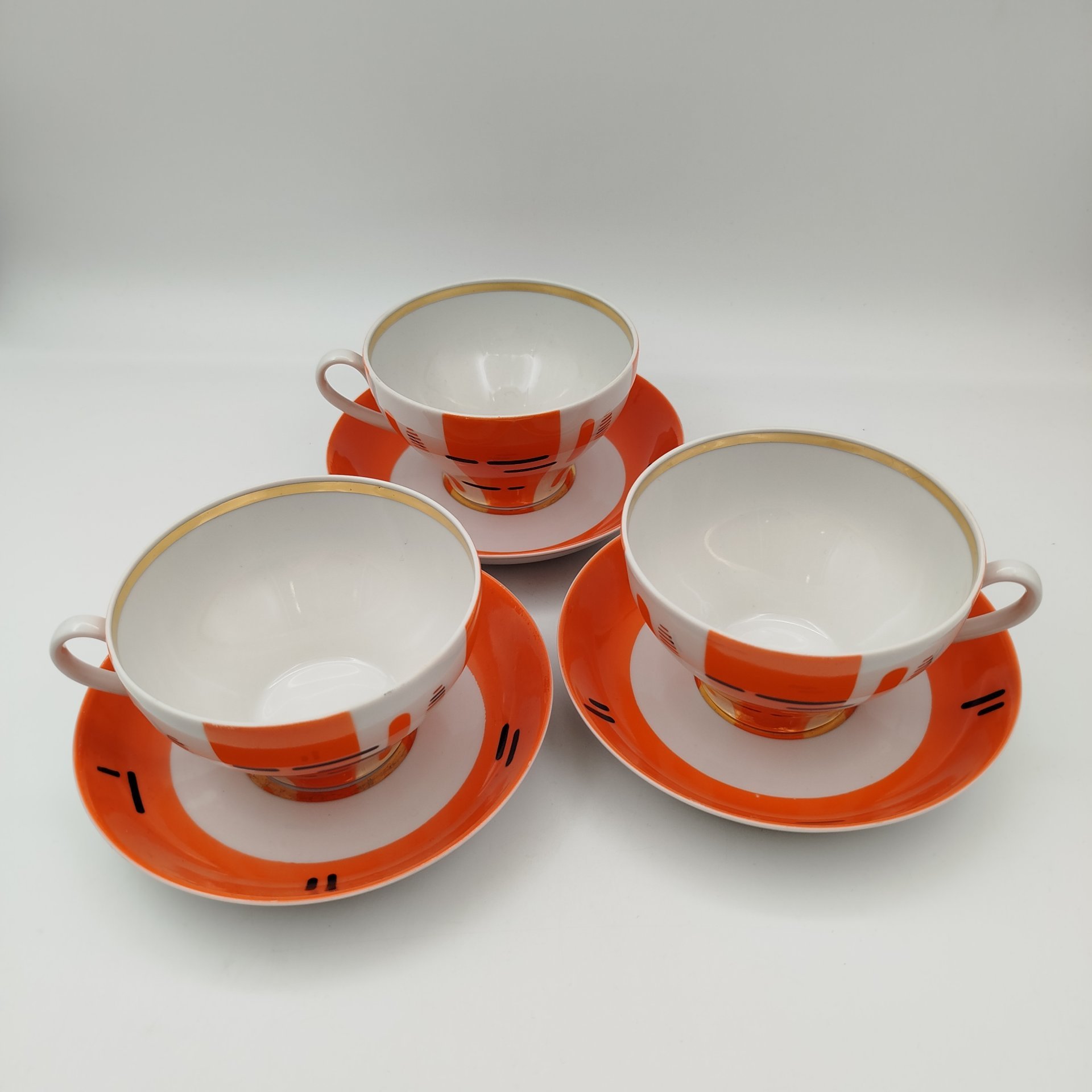 Набор из 3-х чайных пар "Березки" (советский минимализм), фарфор, крытье, деколь, золочение, Дулевский фарфоровый завод (Дулёво), СССР, 1968-1991 гг.