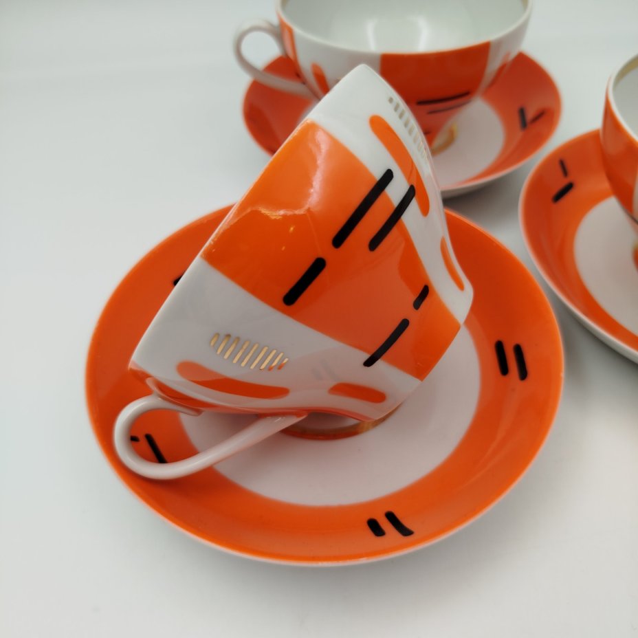 Набор из 3-х чайных пар "Березки" (советский минимализм), фарфор, крытье, деколь, золочение, Дулевский фарфоровый завод (Дулёво), СССР, 1968-1991 гг.