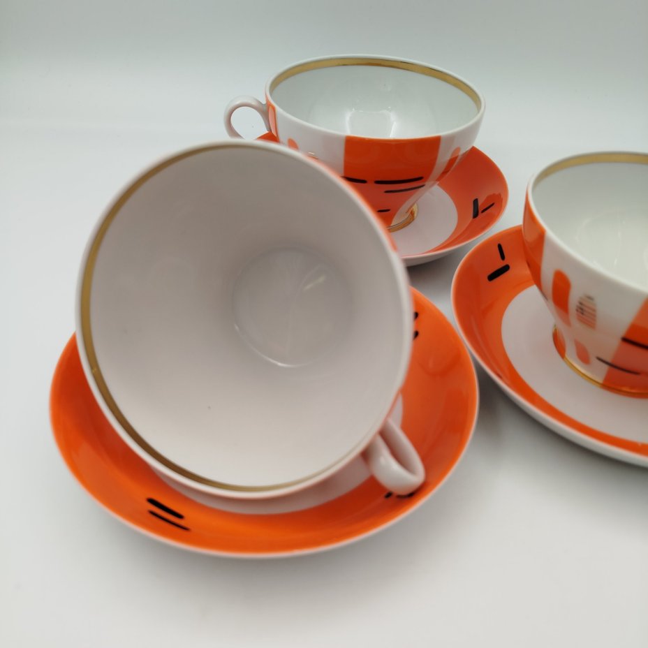 Набор из 3-х чайных пар "Березки" (советский минимализм), фарфор, крытье, деколь, золочение, Дулевский фарфоровый завод (Дулёво), СССР, 1968-1991 гг.