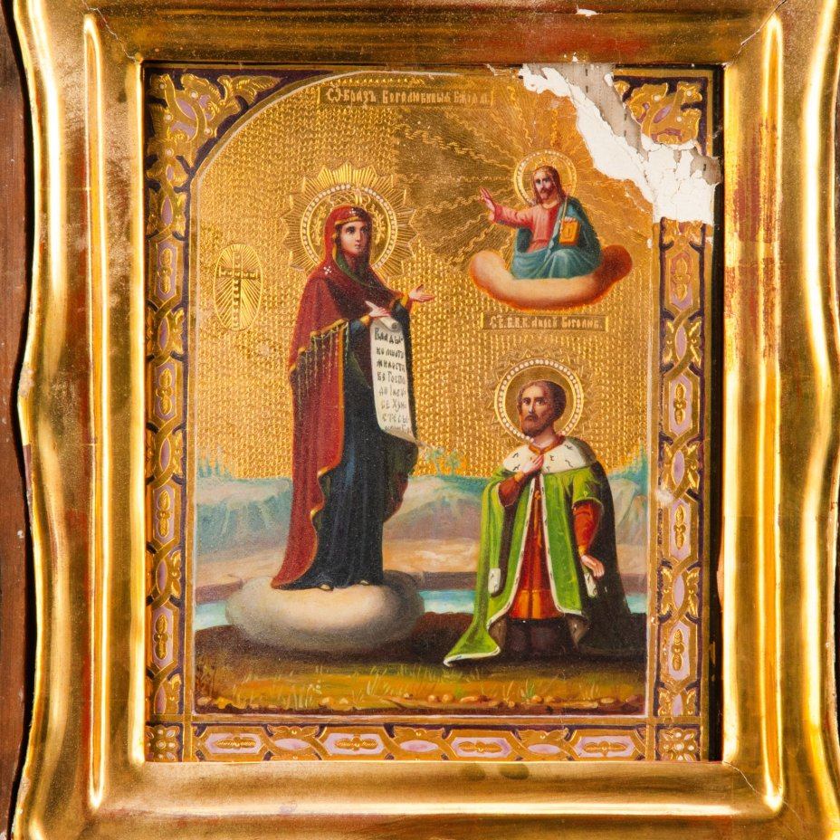 Икона Божией Матери "Боголюбская" с образом св. Андрея Боголюбского (в киоте), дерево, левкас, масло, золочение, эмалевые краски, цировка, стекло, Российская империя, 1890-1915 гг.