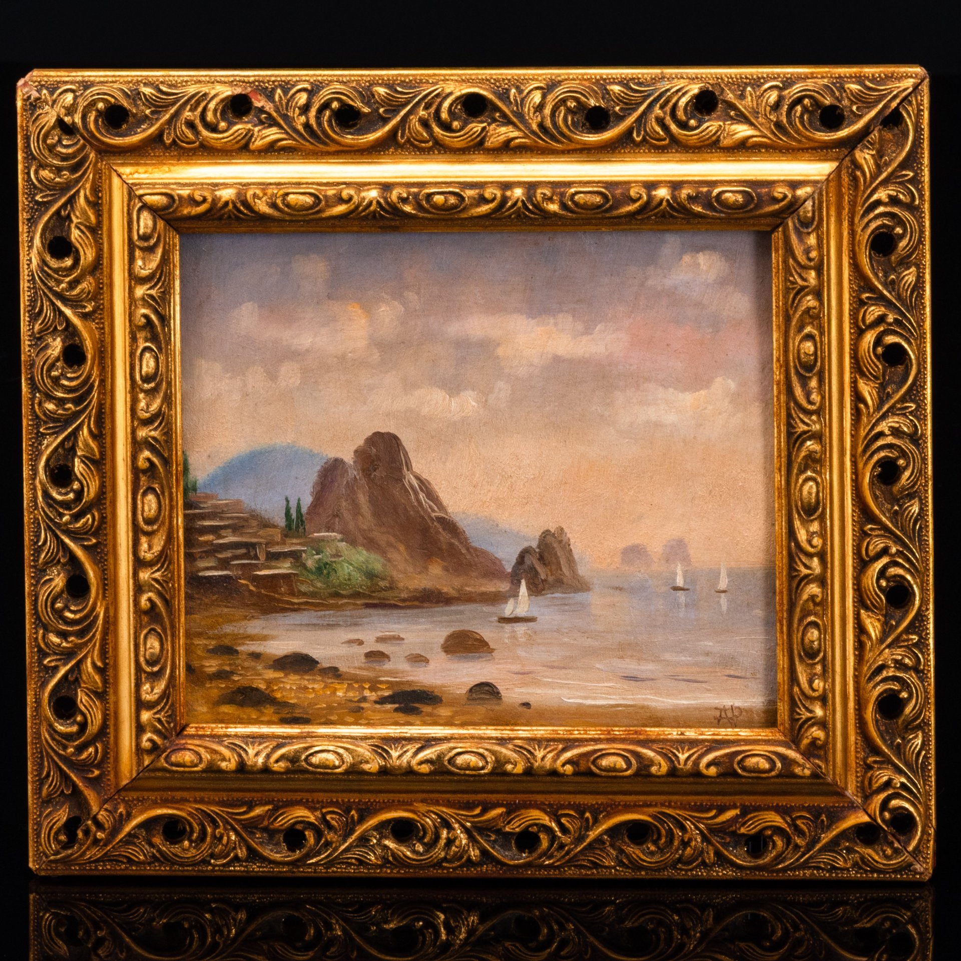 Картина "Крым. Гурзуф. Вид на Аю-Даг" (название условное) в раме, подпись "АР", дерево, картон, масло, СССР, 1970-1990 гг.