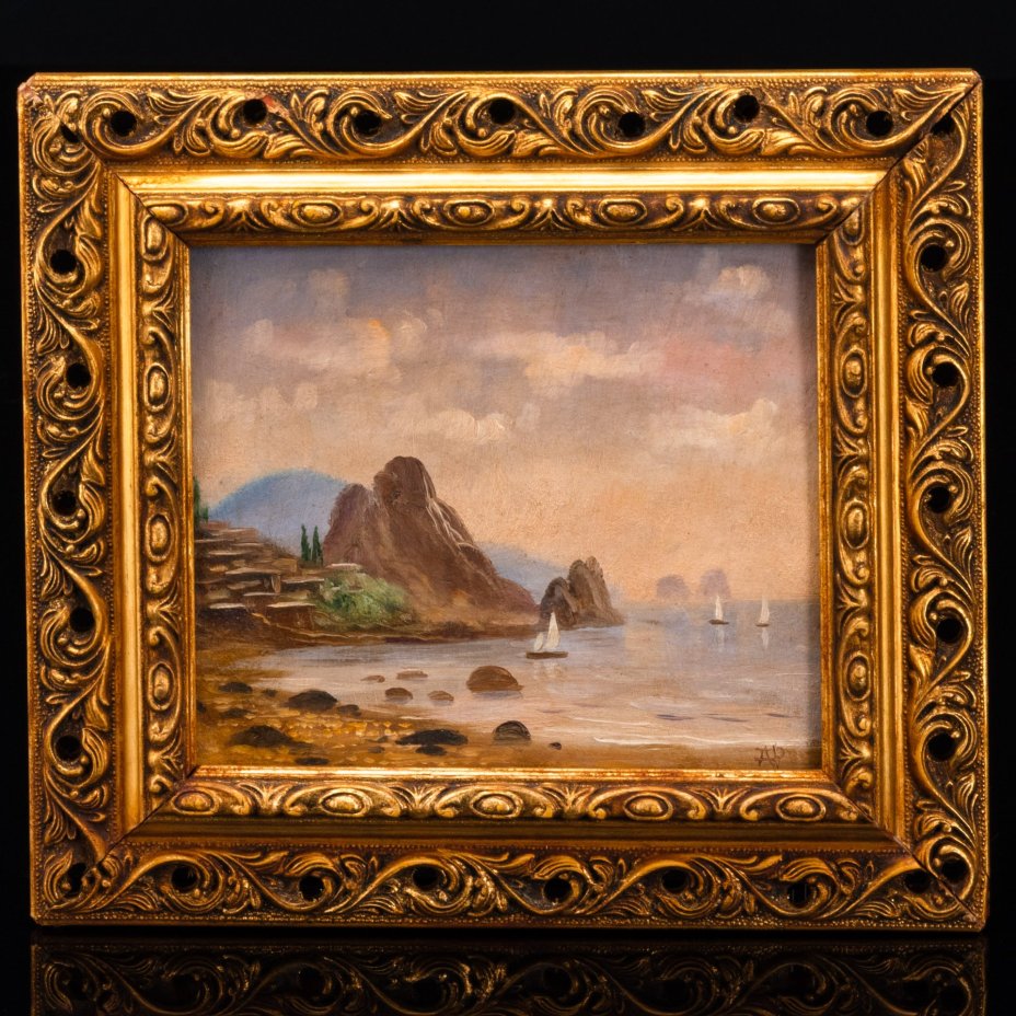 Картина "Крым. Гурзуф. Вид на Аю-Даг" (название условное) в раме, подпись "АР", дерево, картон, масло, СССР, 1970-1990 гг.