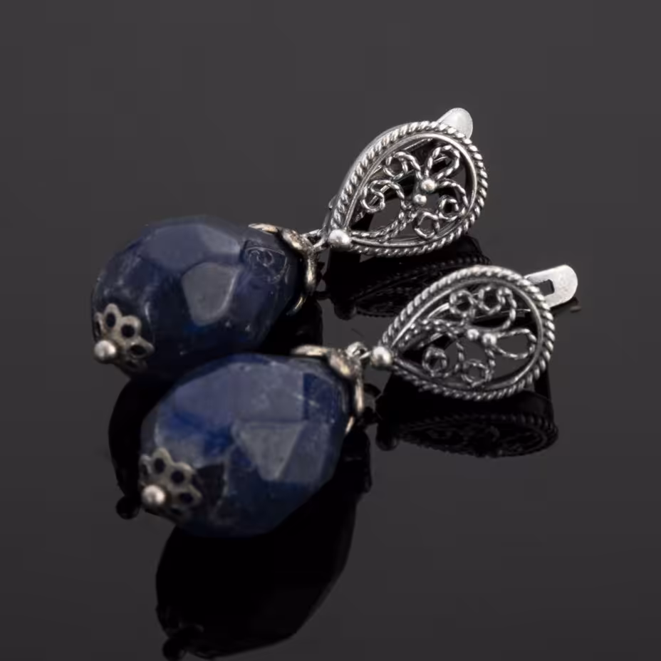 Серьги винтажные с синими вставками, металл, стекло, СССР, 1970-1990 гг.