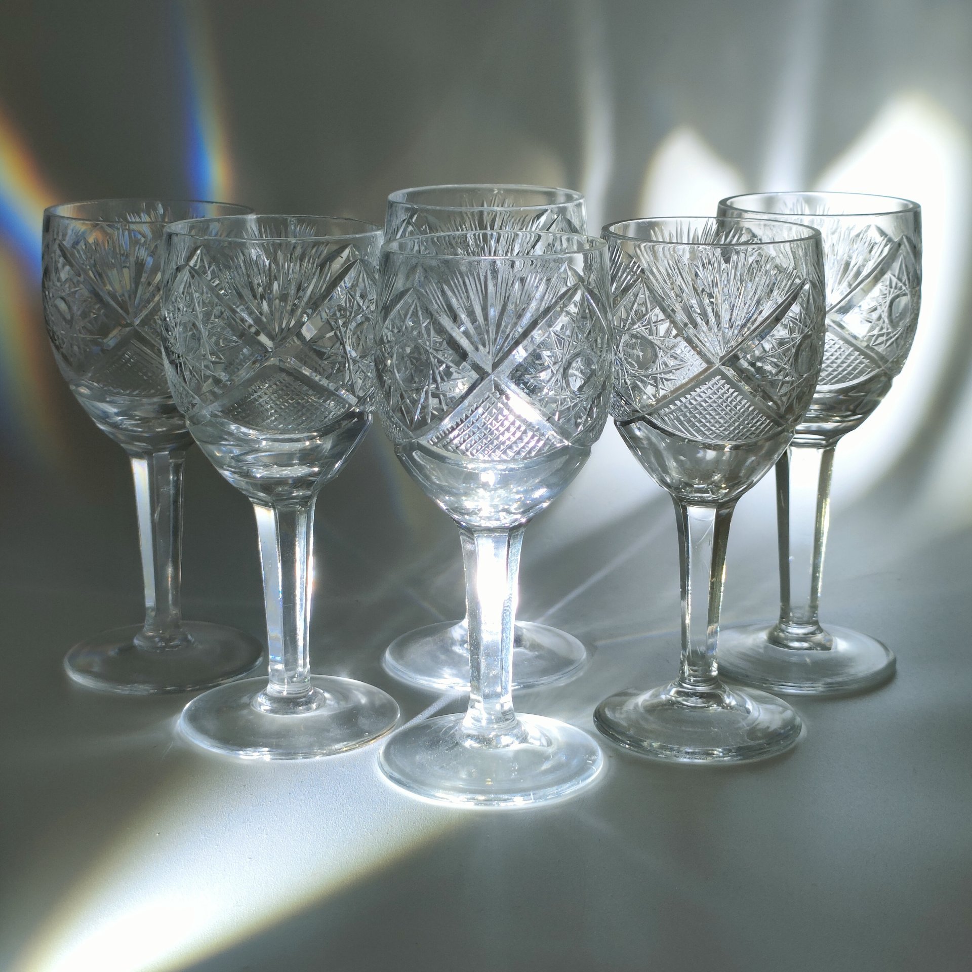 Набор из 6-ти рюмок с резным геометрическим декором, хрусталь, алмазная грань, СССР, 1970-1990 гг.