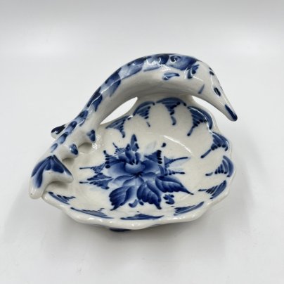 Икорница "Рыба" с цветочным декором, Гжель