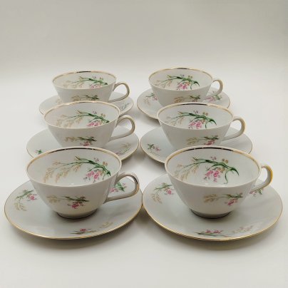 Набор чайных пар с цветочным декором на 6 персон, фарфор, деколь, золочение, Bareuther & Co., Bavaria, Германия, 1931-1945 гг.