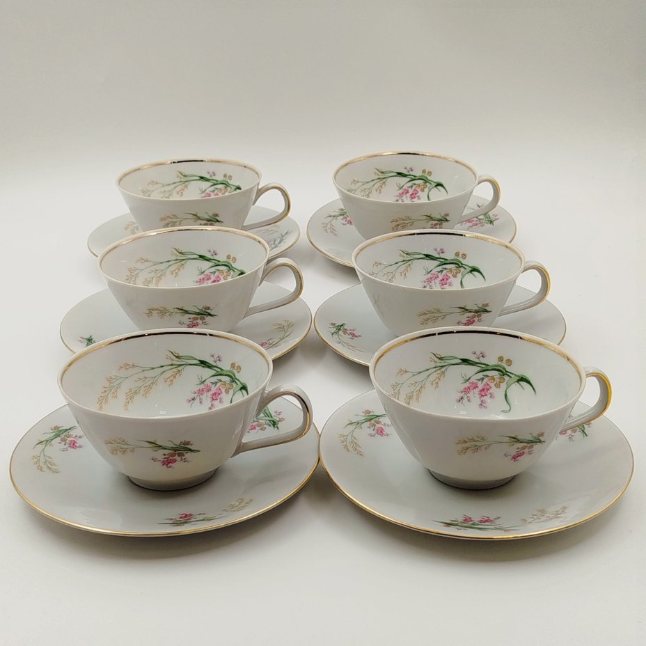 Набор чайных пар с цветочным декором на 6 персон, фарфор, деколь, золочение, Bareuther & Co., Bavaria, Германия, 1931-1945 гг.