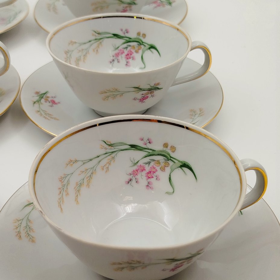 Набор чайных пар с цветочным декором на 6 персон, фарфор, деколь, золочение, Bareuther & Co., Bavaria, Германия, 1931-1945 гг.