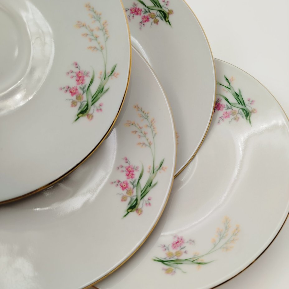 Набор чайных пар с цветочным декором на 6 персон, фарфор, деколь, золочение, Bareuther & Co., Bavaria, Германия, 1931-1945 гг.