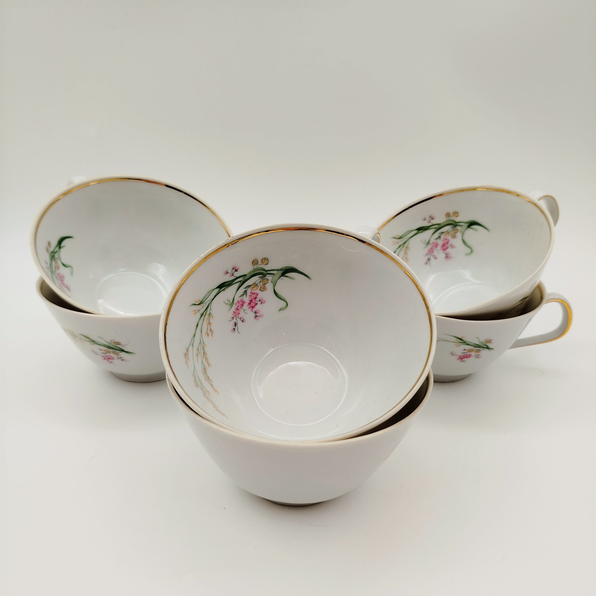 Набор чайных пар с цветочным декором на 6 персон, фарфор, деколь, золочение, Bareuther & Co., Bavaria, Германия, 1931-1945 гг.