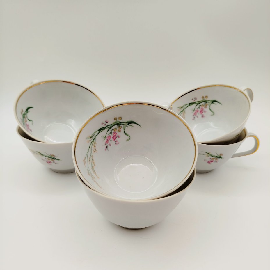 Набор чайных пар с цветочным декором на 6 персон, фарфор, деколь, золочение, Bareuther & Co., Bavaria, Германия, 1931-1945 гг.