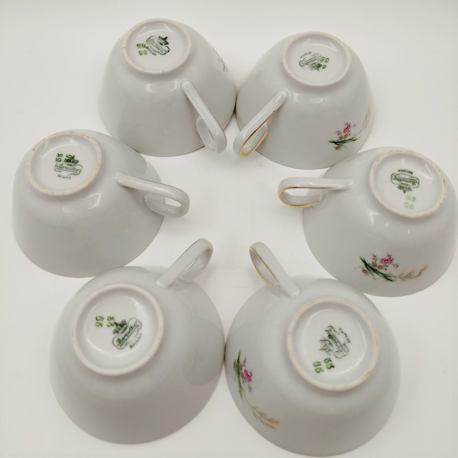 Набор чайных пар с цветочным декором на 6 персон, фарфор, деколь, золочение, Bareuther & Co., Bavaria, Германия, 1931-1945 гг.