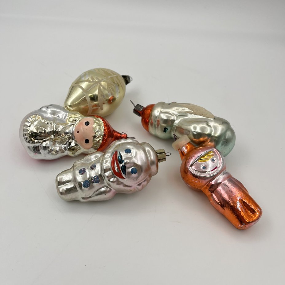 Набор из 5-ти ёлочных игрушек разной формы и размера, стекло, роспись, металл, СССР, 1960-1980 гг.