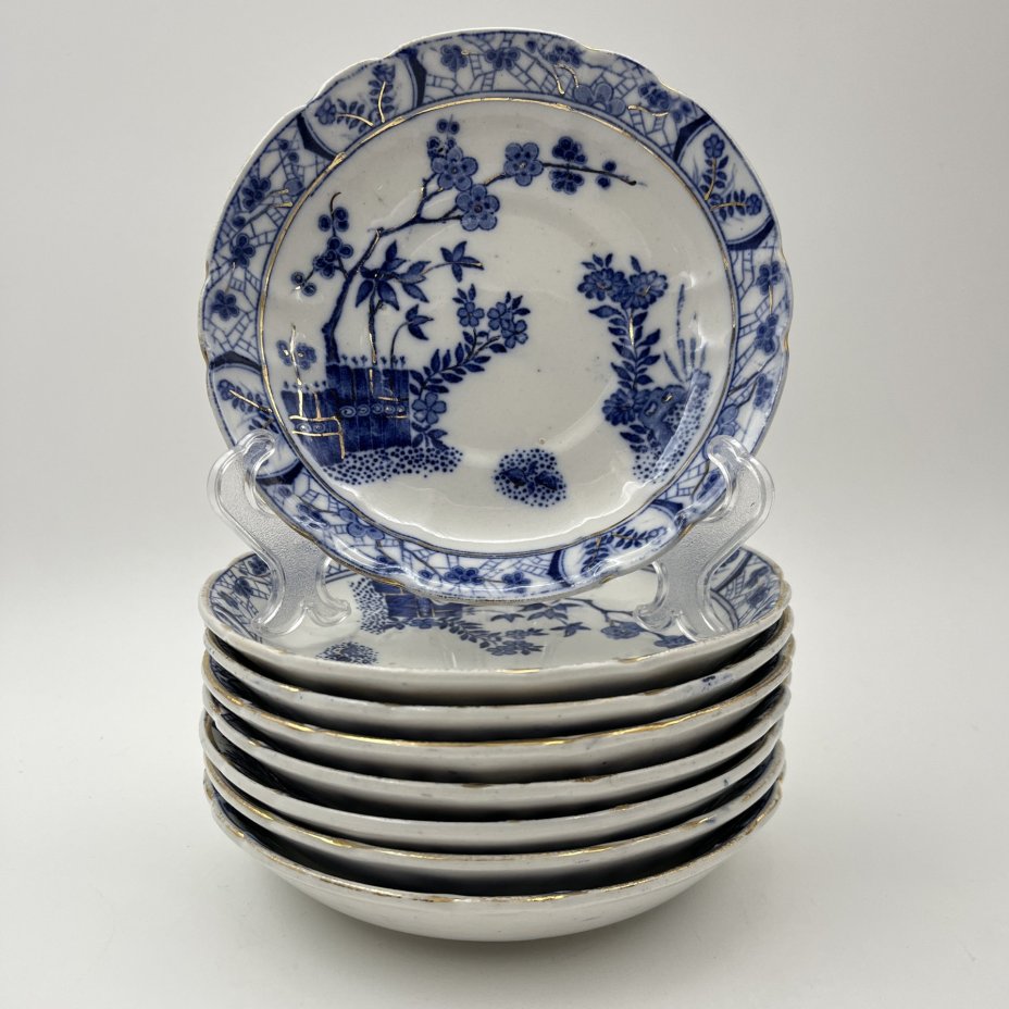 Набор из 8-ми десертных тарелок (блюдец) в азиатском стиле, Petrus Regout Maastricht, фаянс, деколь, золочение, Нидерланды, 1880-1900 гг.