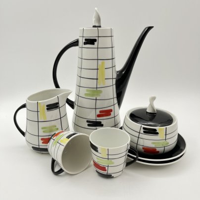 Сервиз кофейный с геометрическим декором тет-а-тет (7 предметов), автор Данута Душняк, фаянс, роспись, Chodziez, Чехословакия, 1964-1980 гг.