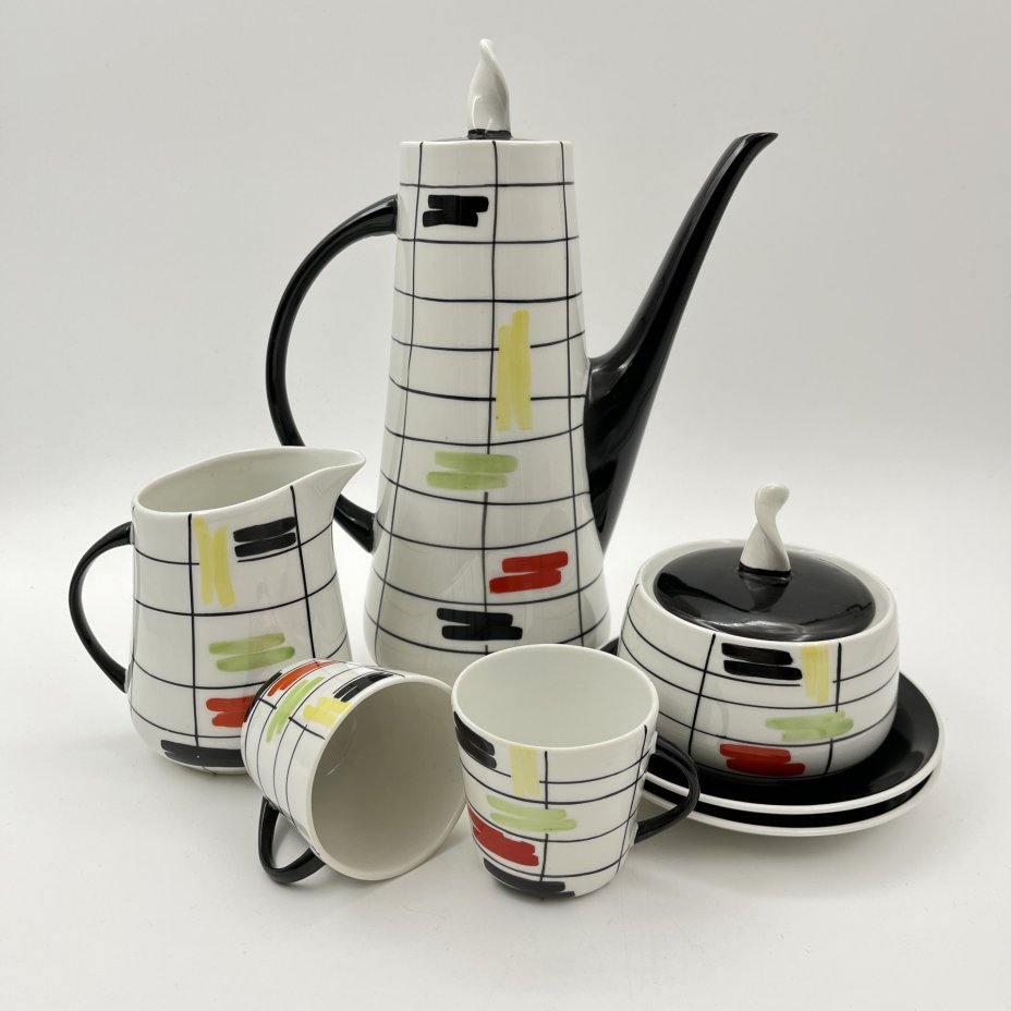 Сервиз кофейный с геометрическим декором тет-а-тет (7 предметов), автор Данута Душняк, фаянс, роспись, Chodziez, Чехословакия, 1964-1980 гг.