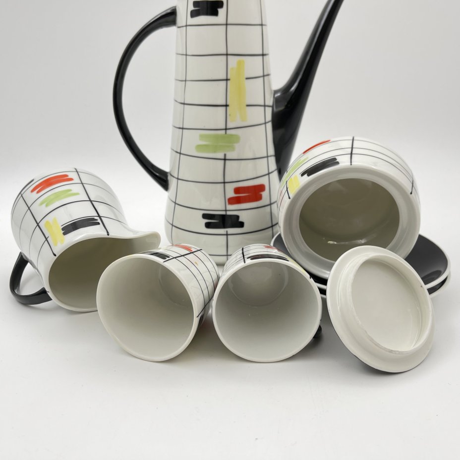 Сервиз кофейный с геометрическим декором тет-а-тет (7 предметов), автор Данута Душняк, фаянс, роспись, Chodziez, Чехословакия, 1964-1980 гг.