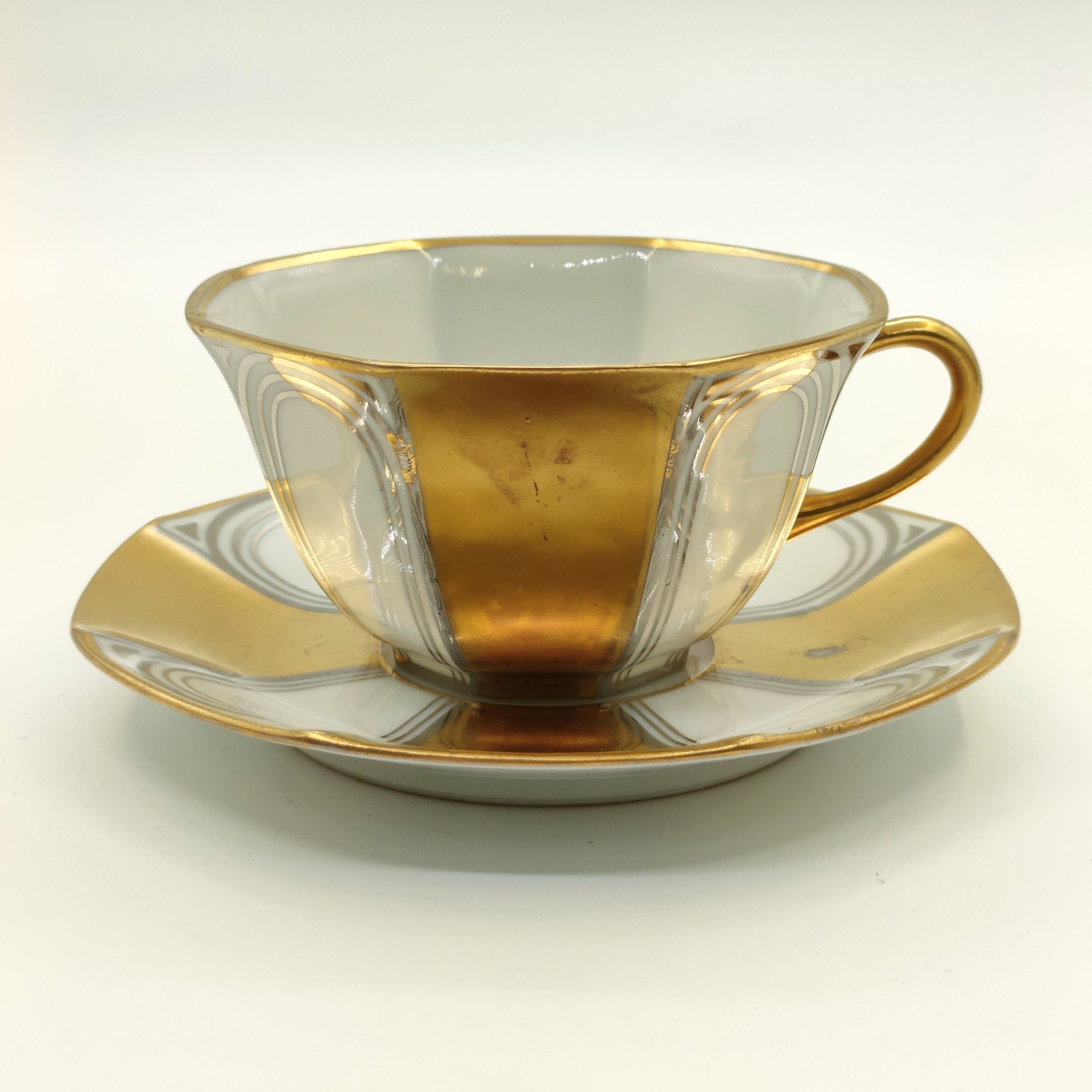 Пара кофейная в стиле ар-деко, Henri Balleroy, фарфор, золочение, серебрение, Limoges, Франция, 1908-1930 гг.