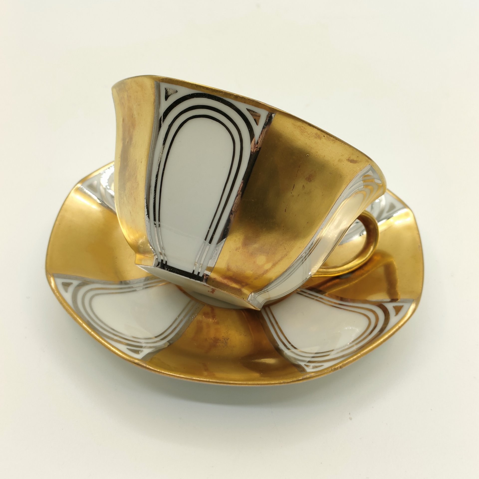 Пара кофейная в стиле ар-деко, Henri Balleroy, фарфор, золочение, серебрение, Limoges, Франция, 1908-1930 гг.