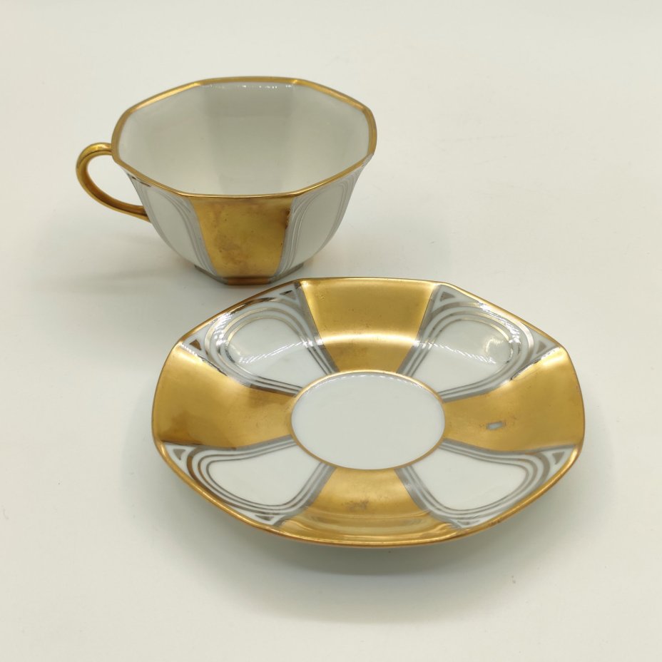 Пара кофейная в стиле ар-деко, Henri Balleroy, фарфор, золочение, серебрение, Limoges, Франция, 1908-1930 гг.