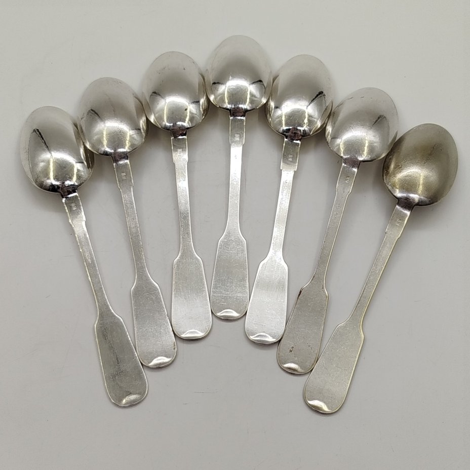 Набор из семи столовых ложек с инициалами "Y.B." на черенках, металл, серебрение, Fraget (Фабрика серебряных и плакированных изделий Иосифа Фраже), Царство Польское, 1870-1900 гг.