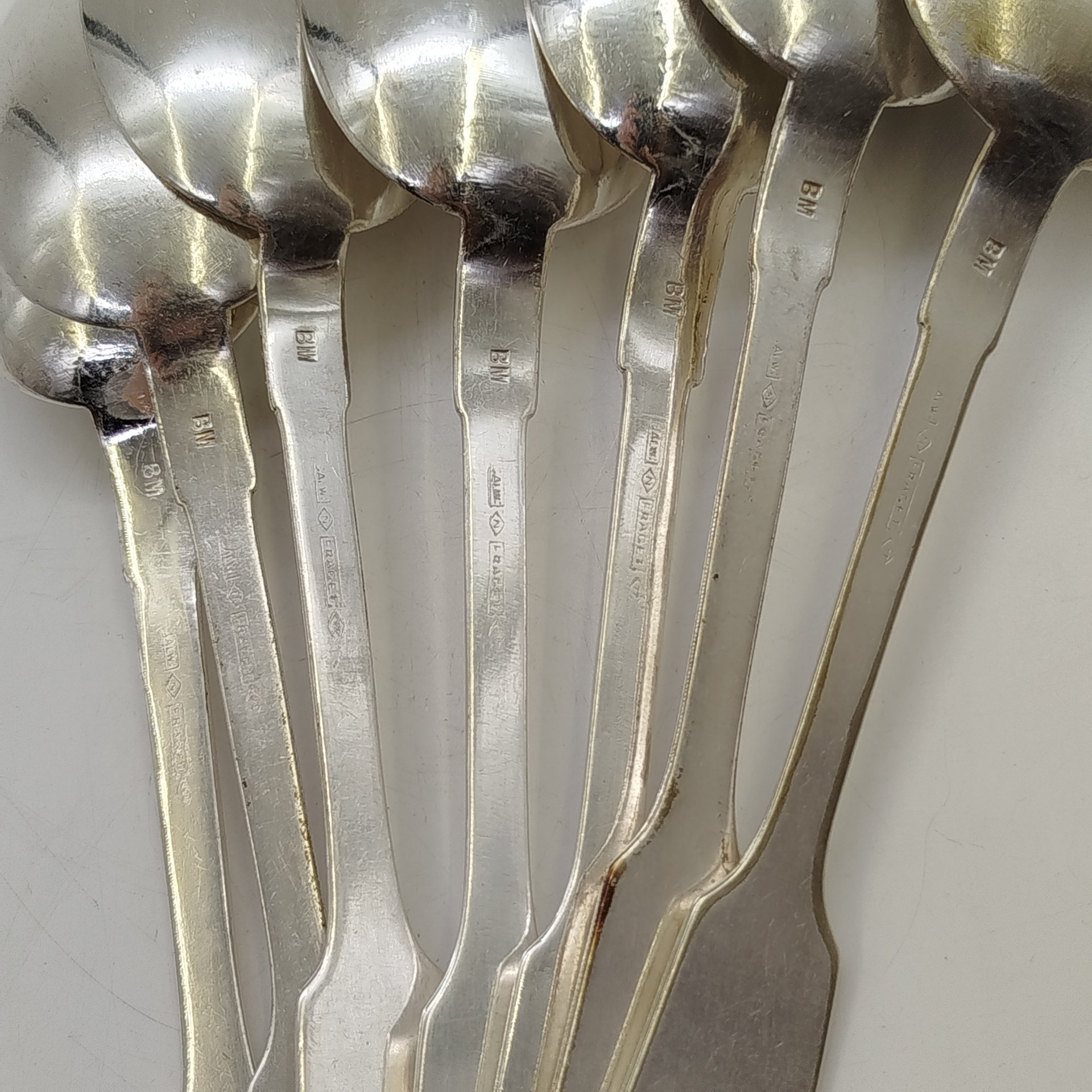 Набор из семи столовых ложек с инициалами "Y.B." на черенках, металл, серебрение, Fraget (Фабрика серебряных и плакированных изделий Иосифа Фраже), Царство Польское, 1870-1900 гг.