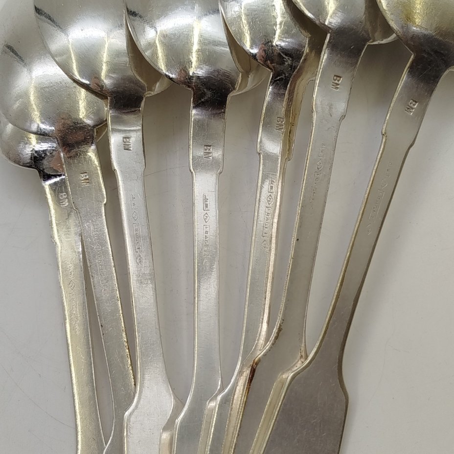 Набор из семи столовых ложек с инициалами "Y.B." на черенках, металл, серебрение, Fraget (Фабрика серебряных и плакированных изделий Иосифа Фраже), Царство Польское, 1870-1900 гг.