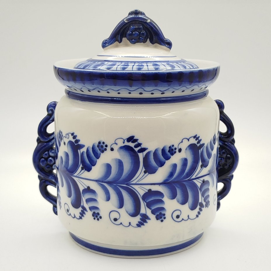 Сахарница (ёмкость для хранения сыпучих продуктов) с фигурными ручками, украшенная растительным декором, Гжель