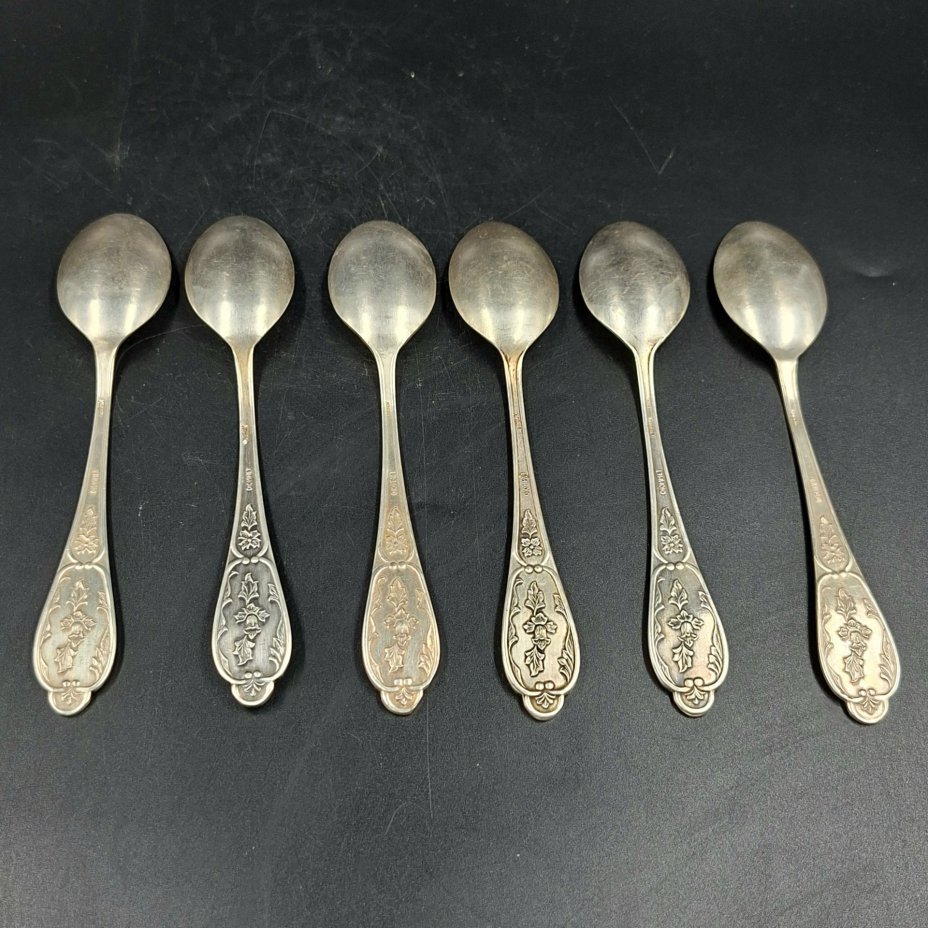 Набор из шести чайных ложек с растительным декором, мНЦ (медь-никель-цинк), Мстерская художественная фабрика  «Ювелир», СССР, 1970 г.