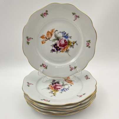 Набор десертных тарелок "Мейсенский букет" на 6 персон, фарфор, деколь, золочение, Bohemia (Neurohlau), Чехословакия, 1970-1990 гг.