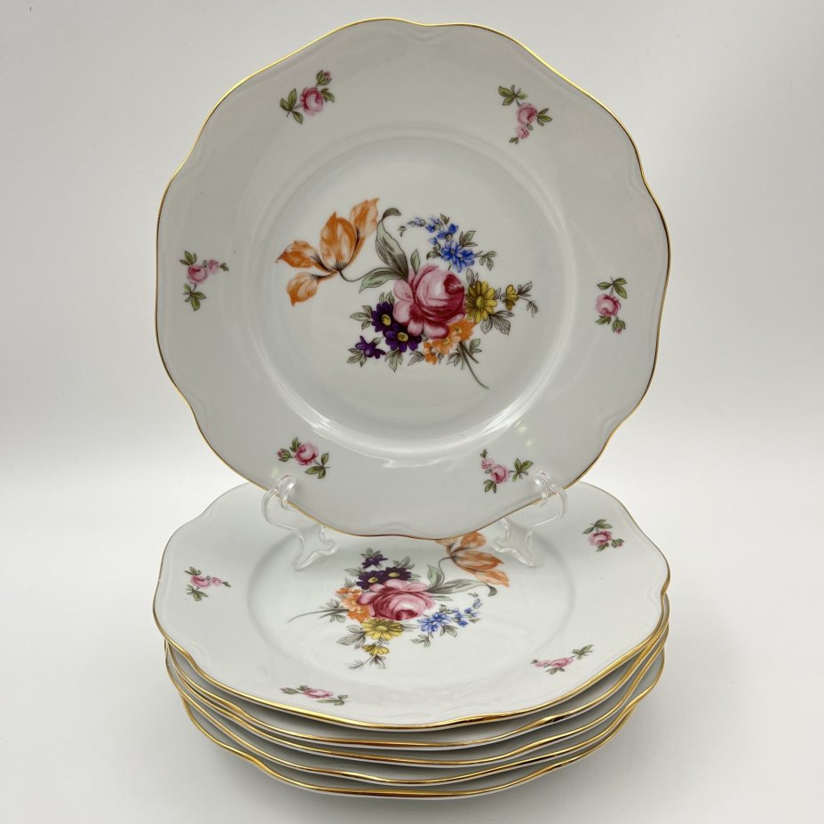 Набор десертных тарелок "Мейсенский букет" на 6 персон, фарфор, деколь, золочение, Bohemia (Neurohlau), Чехословакия, 1970-1990 гг.