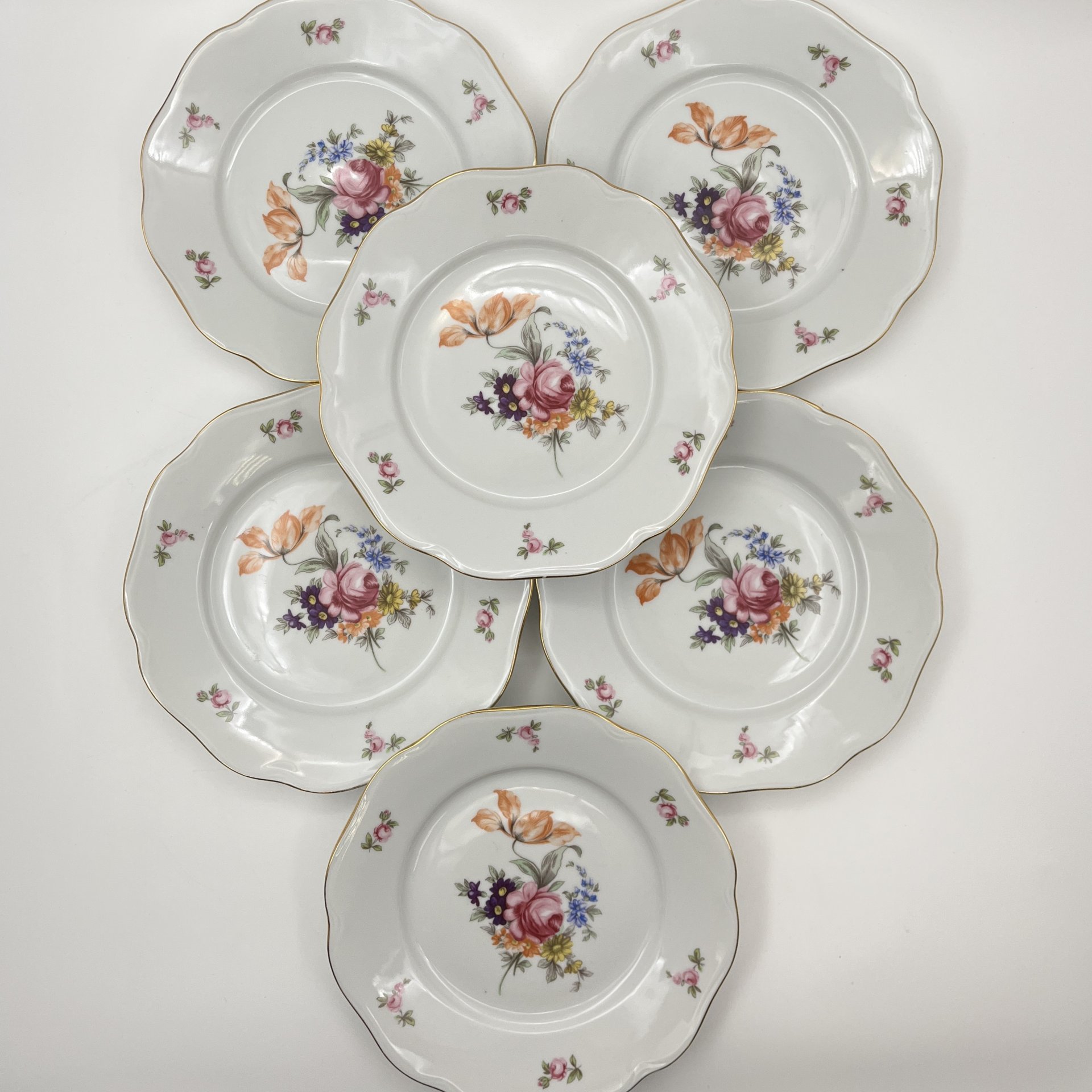 Набор десертных тарелок "Мейсенский букет" на 6 персон, фарфор, деколь, золочение, Bohemia (Neurohlau), Чехословакия, 1970-1990 гг.