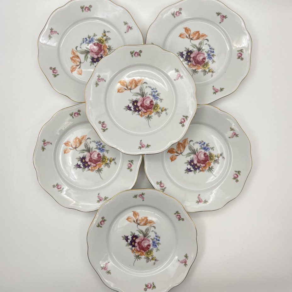 Набор десертных тарелок "Мейсенский букет" на 6 персон, фарфор, деколь, золочение, Bohemia (Neurohlau), Чехословакия, 1970-1990 гг.