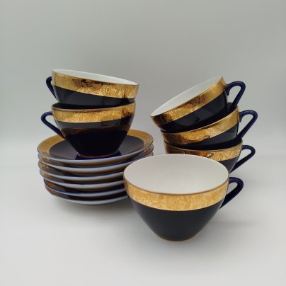 Набор из шести чайных пар с орнаментальным декором, форма "Утро" (автор В.Л. Семенов), фарфор, крытье кобальтом, золочение, Ленинградский фарфоровый завод (ЛФЗ), СССР, 1960-1970 гг.