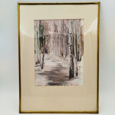 Картина "Зимний лес", оформленная в раму, неизвестный художник, бумага, гуашь, СССР, 1970-1990 гг.