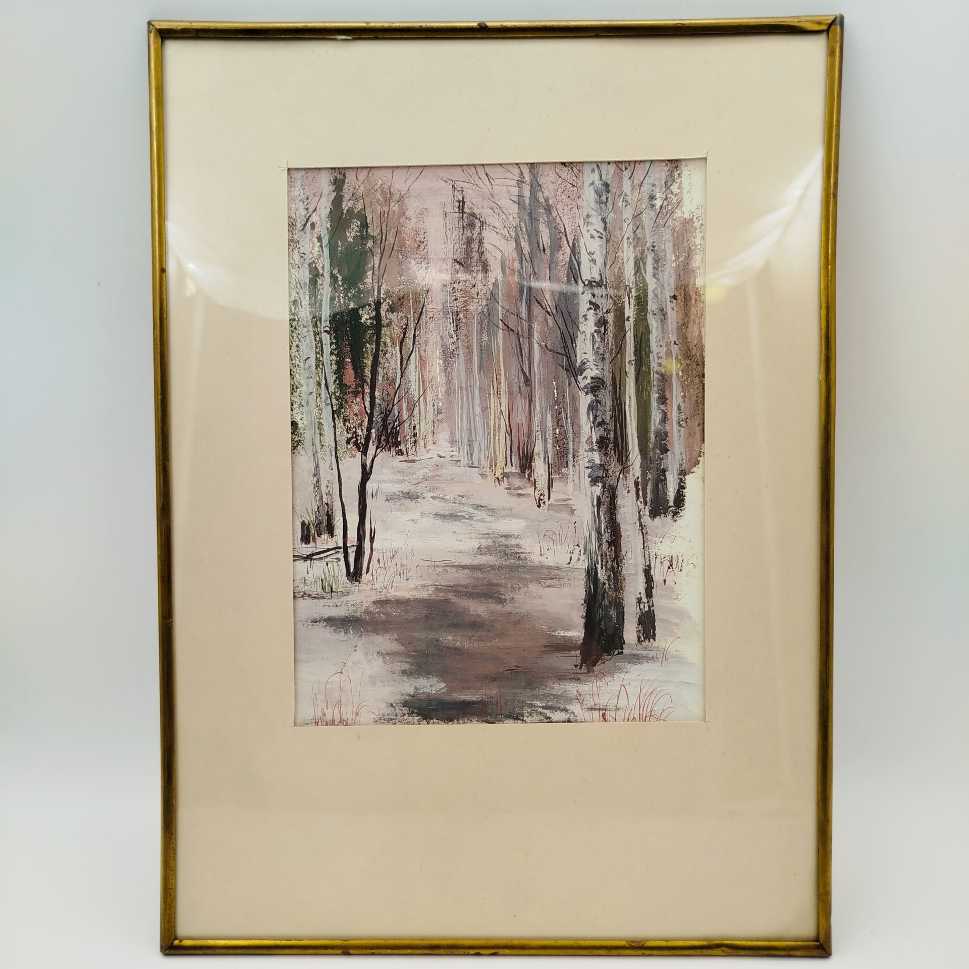 Картина "Зимний лес", оформленная в раму, неизвестный художник, бумага, гуашь, СССР, 1970-1990 гг.