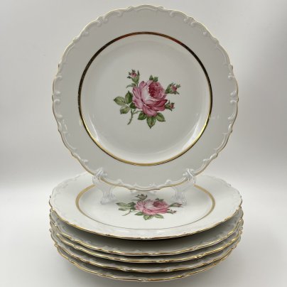 Набор из 6-ти обеденных тарелок, украшенных изображением розы, фарфор, деколь, золочение, Kahla, ГДР, 1968-1987 гг.