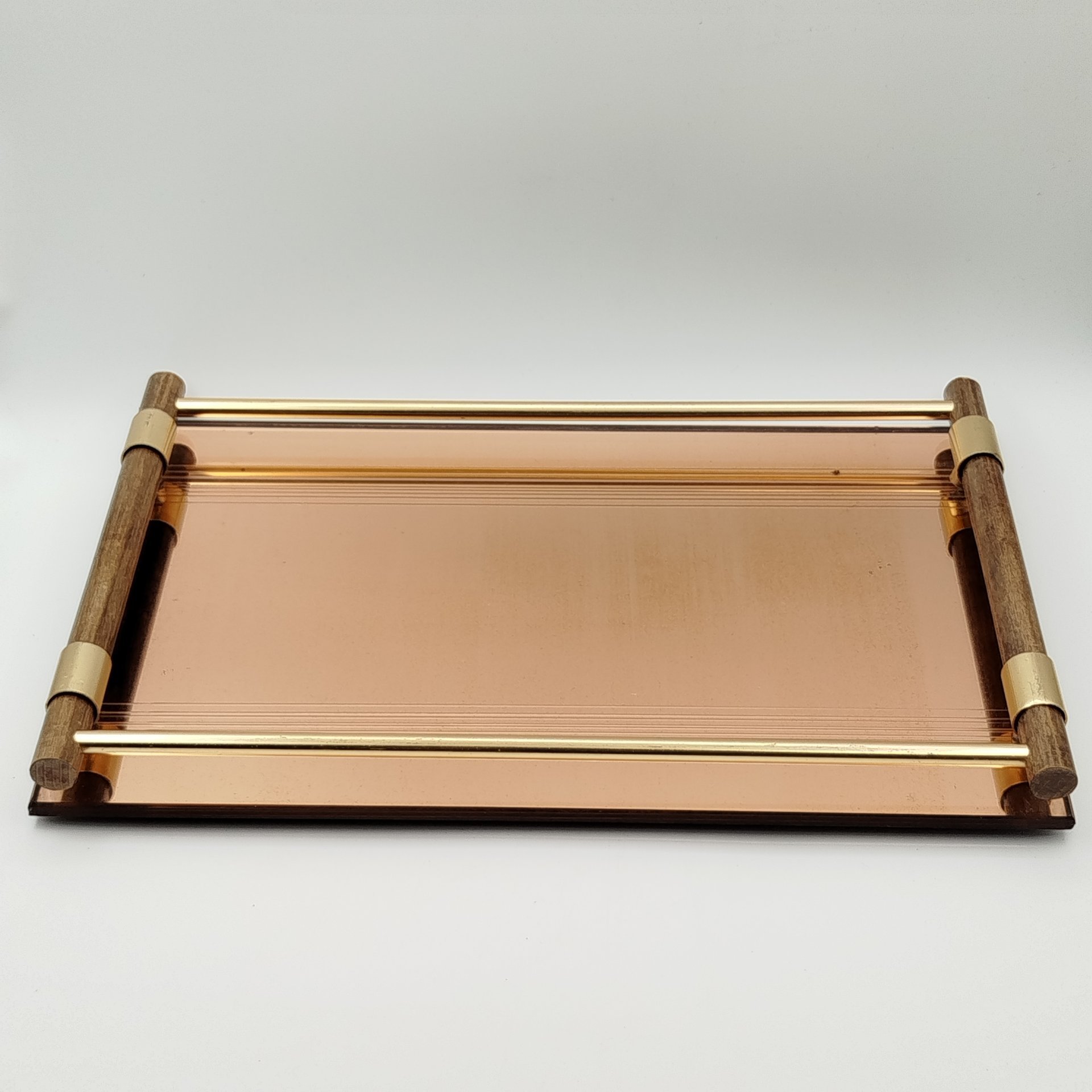 Поднос винтажный золотисто-медного оттенка, зеркальное полотно, металл, дерево, Европа, 1990-2000 гг.