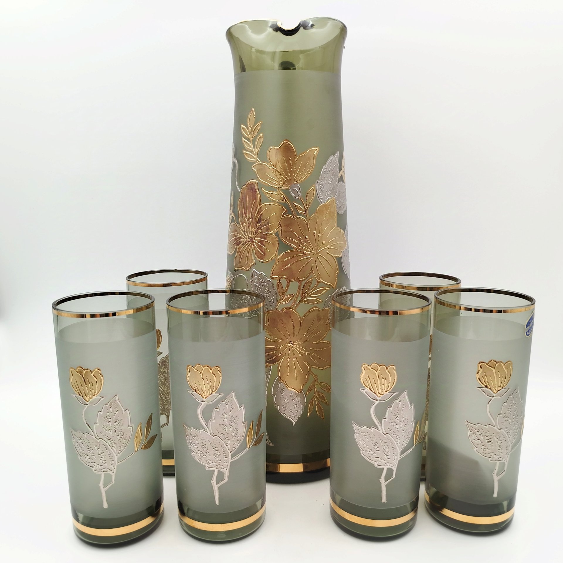 Набор: 6 стаканов и кувшин с растительным орнаментом, стекло, матирование, золочение, Чехия, 1990-2010 гг.