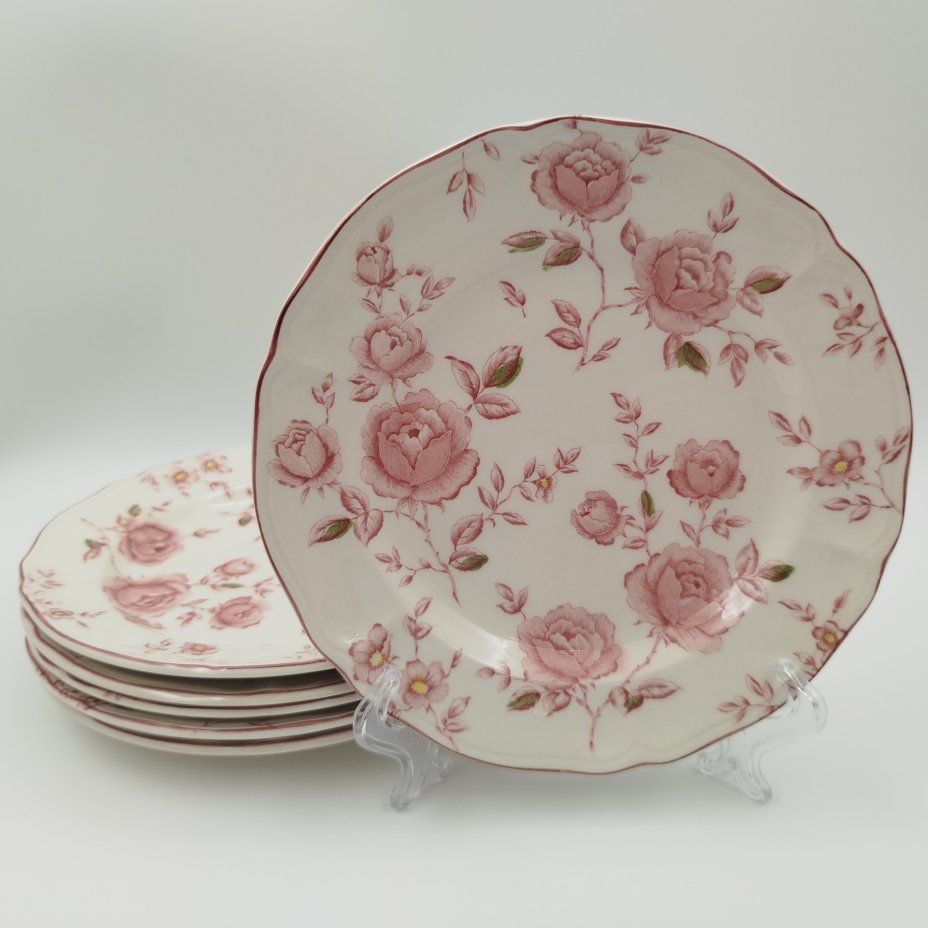 Набор десертных тарелок на 6 персон, с декором в виде побегов роз, "Claytan Tableware", фаянс, деколь, Малайзия, 1973-2000 гг.