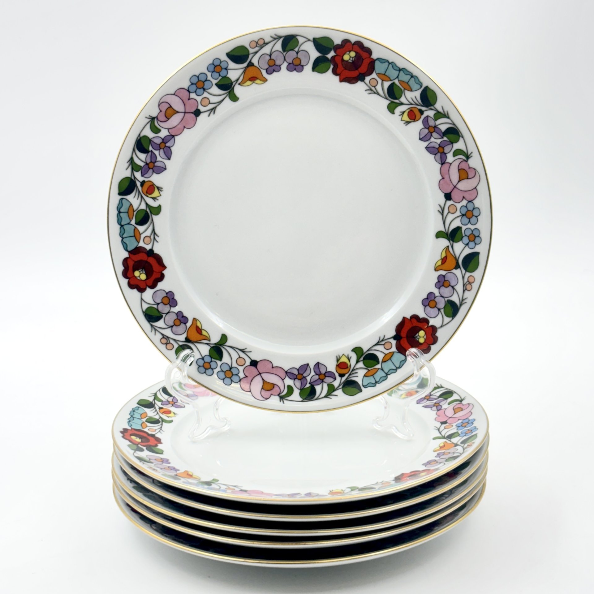 Набор пирожковых тарелок с ярким цветочным декором на 6 персон, фарфор, роспись, золочение, Kalocsa, Венгрия, 1970-1990 гг.