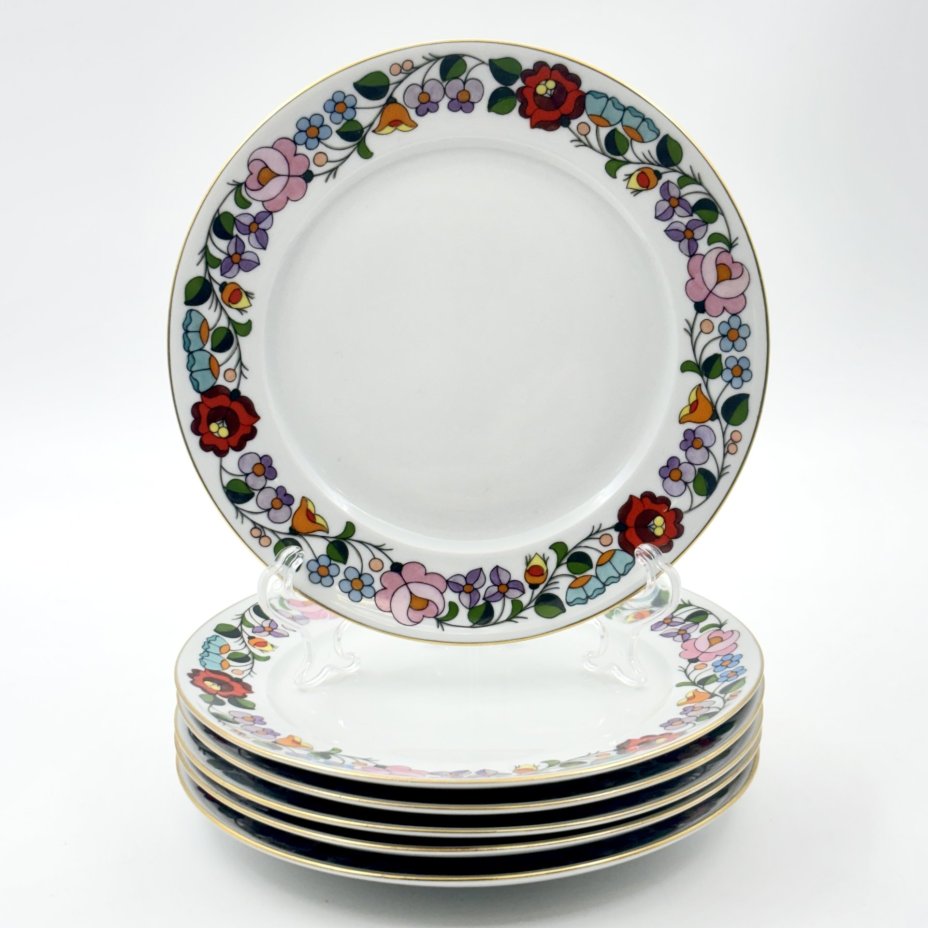Набор пирожковых тарелок с ярким цветочным декором на 6 персон, фарфор, роспись, золочение, Kalocsa, Венгрия, 1970-1990 гг.