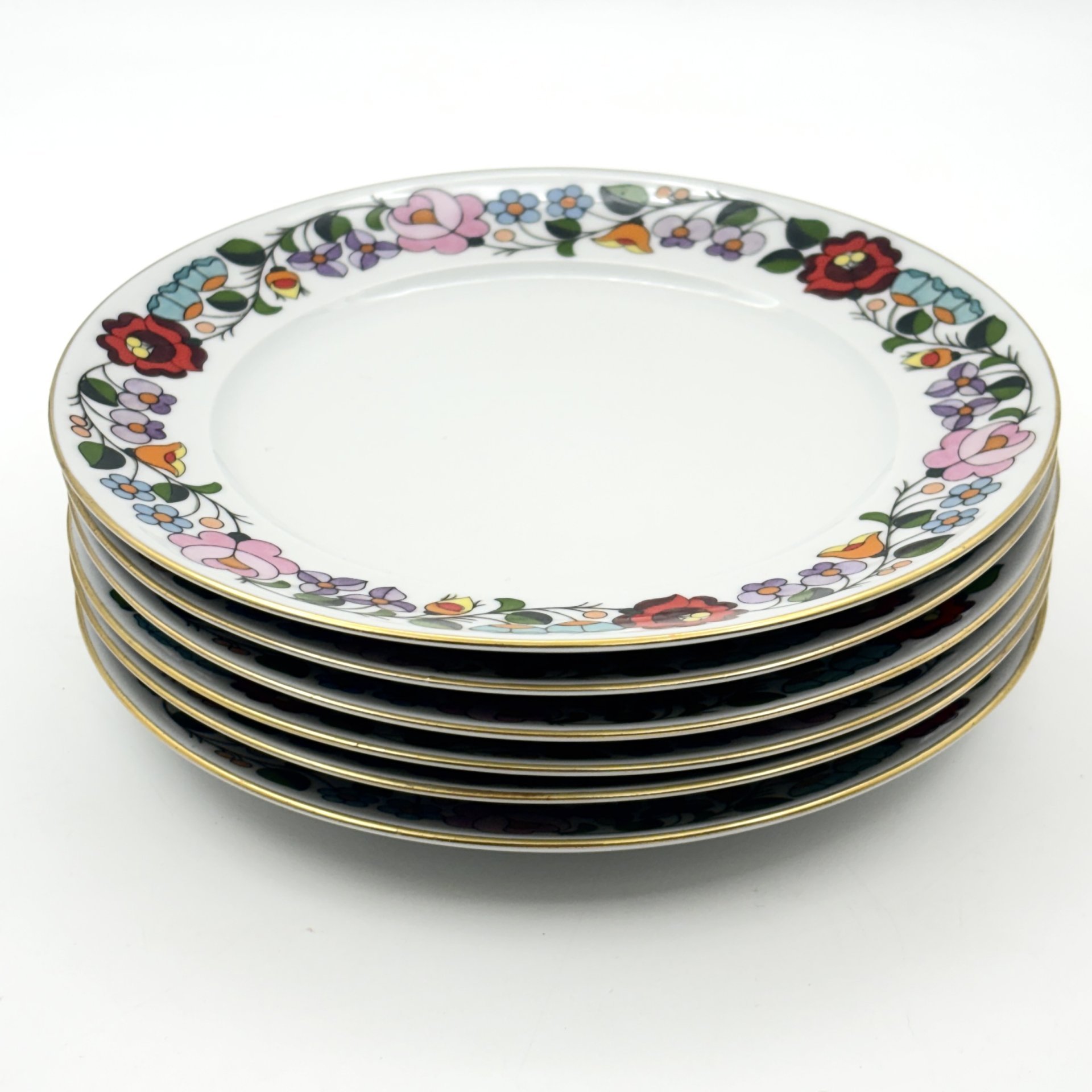 Набор пирожковых тарелок с ярким цветочным декором на 6 персон, фарфор, роспись, золочение, Kalocsa, Венгрия, 1970-1990 гг.