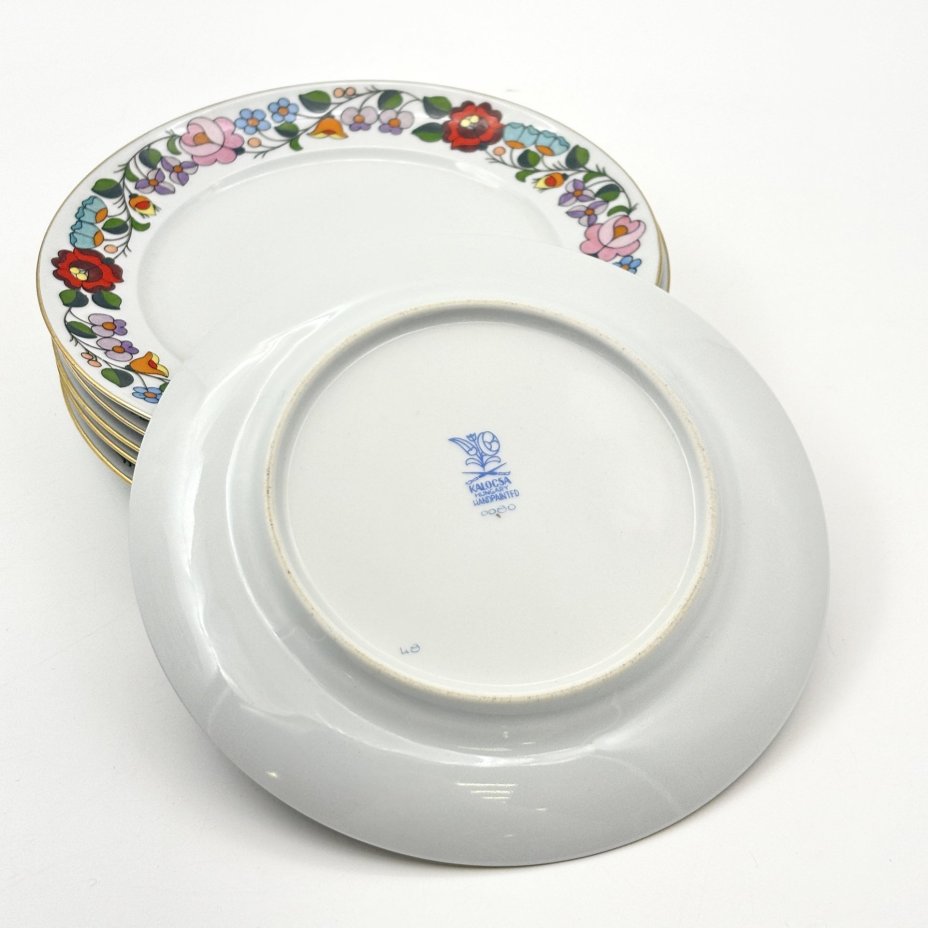 Набор пирожковых тарелок с ярким цветочным декором на 6 персон, фарфор, роспись, золочение, Kalocsa, Венгрия, 1970-1990 гг.
